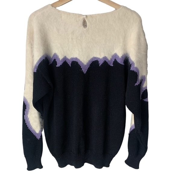 Vintage Lara Ferrante Angora Sweater Faux Leather Flowers Sequins Black Purple L - Picture 10 of 11